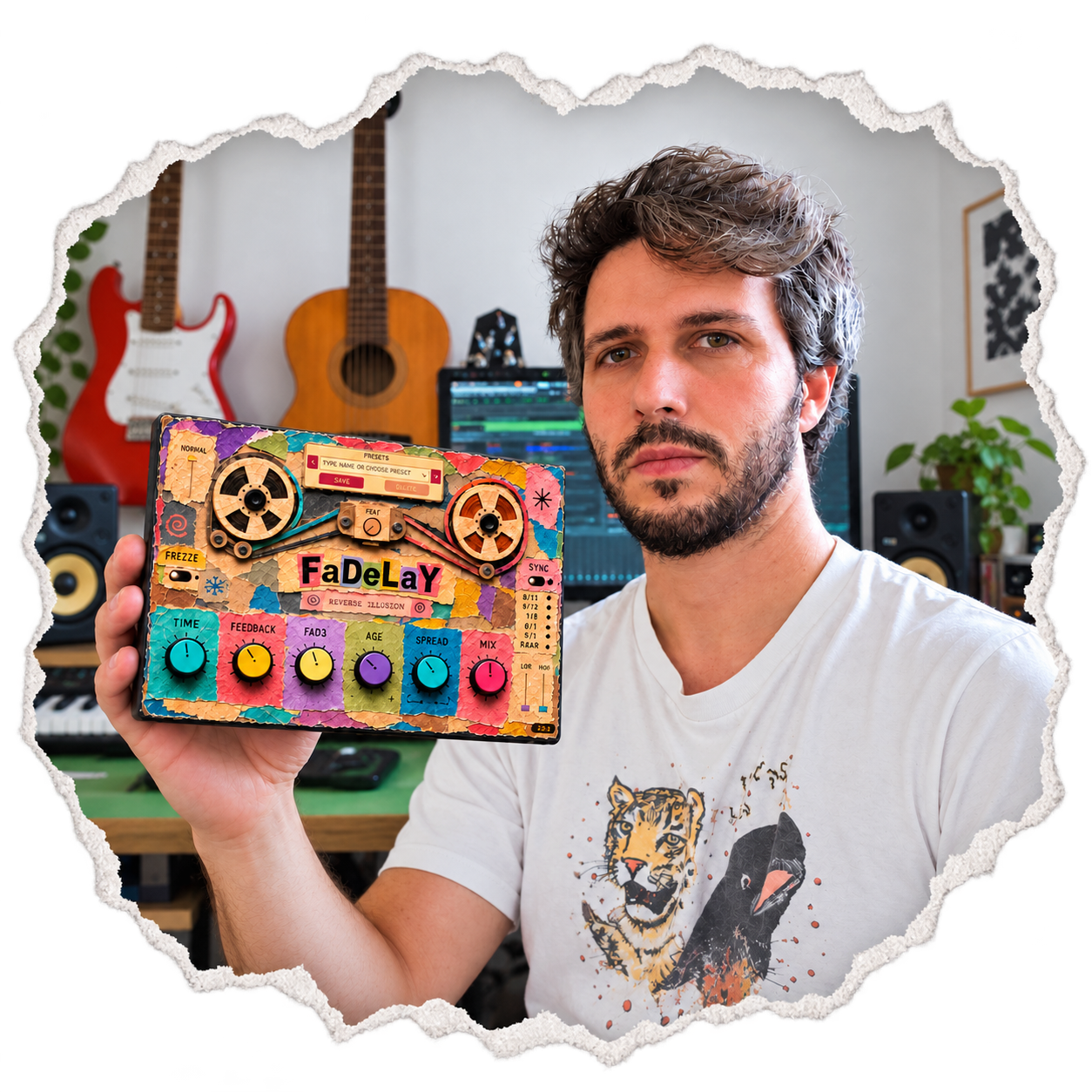 Shay Roth holding FaDeLaY in his music studio